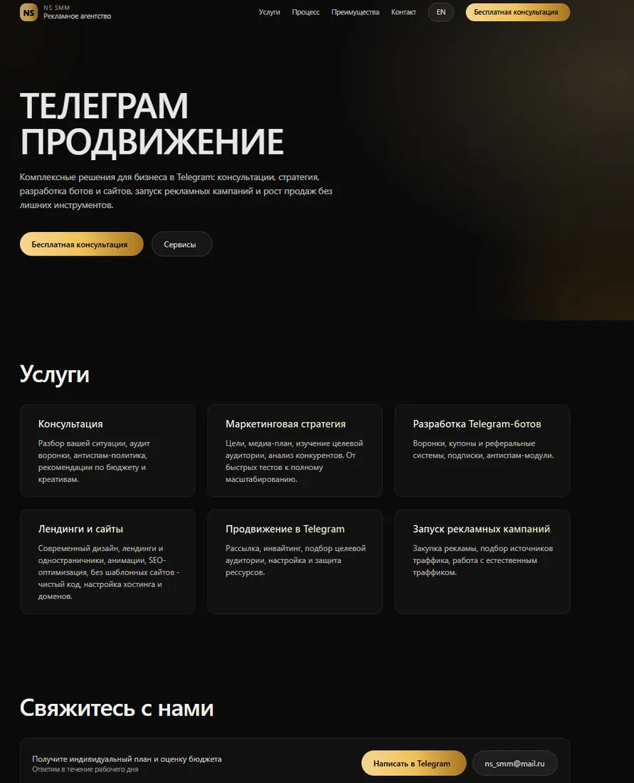 Лендинг NS SMM по продвижению в Telegram